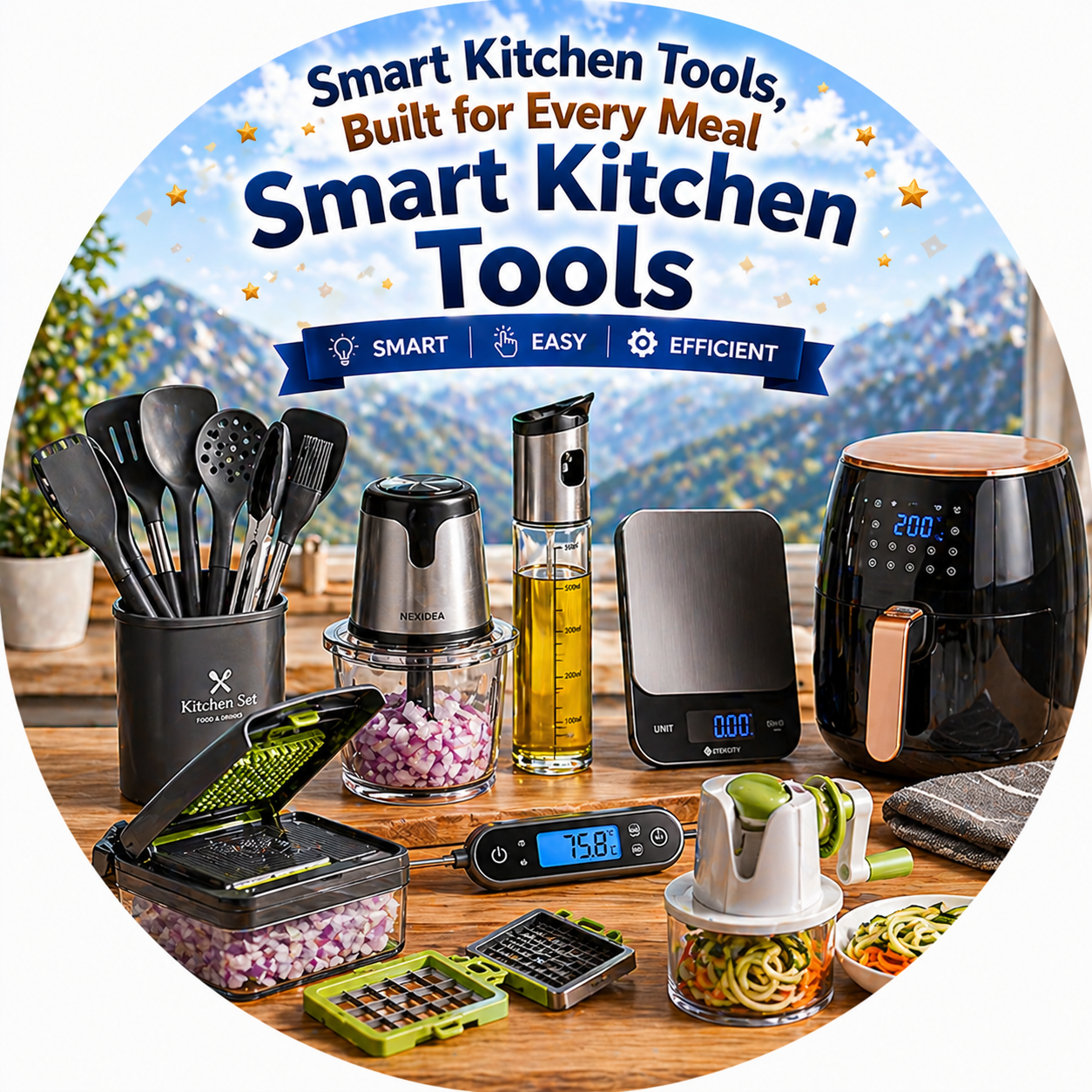 Smart Kitchen Tools collection featuring air fryer, food chopper, digital kitchen scale, oil dispenser, spiralizer, vegetable chopper, and utensil set displayed on a wooden table with mountain backdrop.