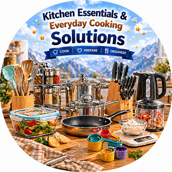 "Kitchen Essentials & Everyday Cooking Solutions featuring stainless steel pots, frying pan, knife block, spice rack, food processor, electric kettle, glass food containers, measuring cups, and utensils on a wooden table with mountain background."