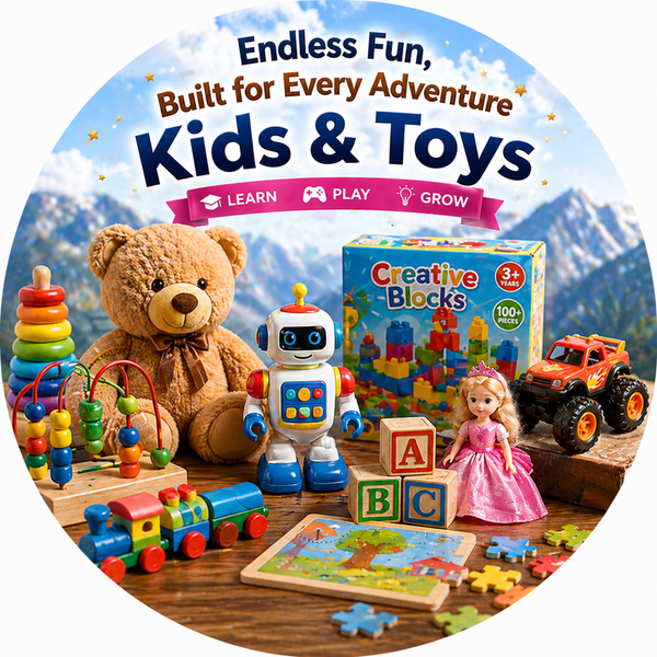 Kids & Toys collection featuring teddy bear, robot toy, wooden ABC blocks, princess doll, monster truck, colorful train, bead maze, puzzle, and creative blocks set on a wooden surface with mountain background