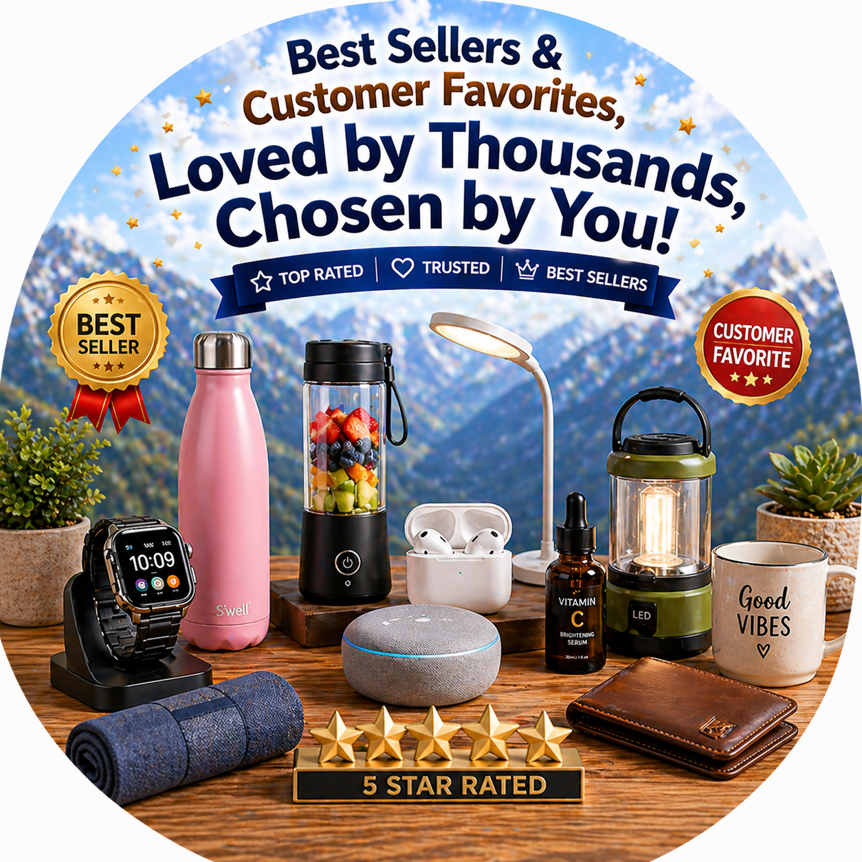 Best Sellers & Customer Favorites product collage featuring smartwatch, water bottle, portable blender, wireless earbuds, smart speaker, vitamin C serum, LED lantern, mug, wallet, and blanket on a wooden table with mountain backdrop