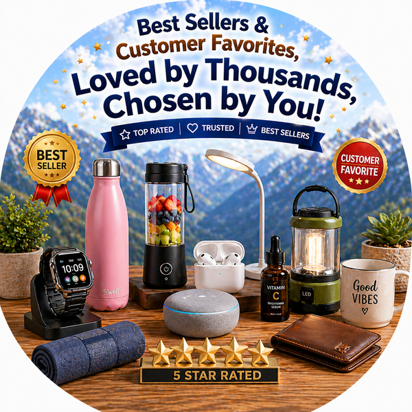 Best Sellers & Customer Favorites product collage featuring smartwatch, water bottle, portable blender, wireless earbuds, smart speaker, vitamin C serum, LED lantern, mug, wallet, and blanket on a wooden table with mountain backdrop