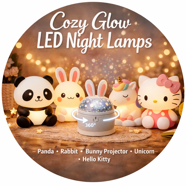 "Cozy Glow LED Night Lamps featuring Panda, Rabbit, Bunny Star Projector, Unicorn, and Hello Kitty night lights arranged on a wooden surface with warm bokeh background."