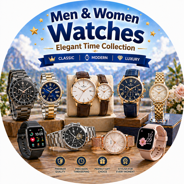 Luxury Men & Women Watches collection banner with classic, modern, and stylish wrist watches including metal, leather strap, smart, and couple watches displayed on a wooden table with premium blue background and elegant design.
