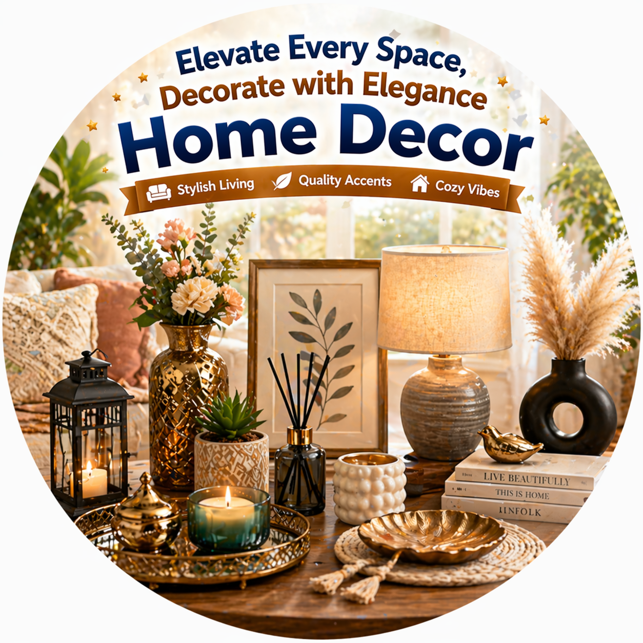 "Home Decor collection featuring elegant table lamp, decorative vases with flowers and pampas grass, framed art, reed diffuser, candles, lantern, and gold accents arranged on a wooden table."