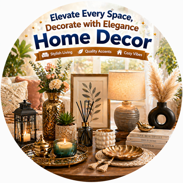 "Home Decor collection featuring elegant table lamp, decorative vases with flowers and pampas grass, framed art, reed diffuser, candles, lantern, and gold accents arranged on a wooden table."