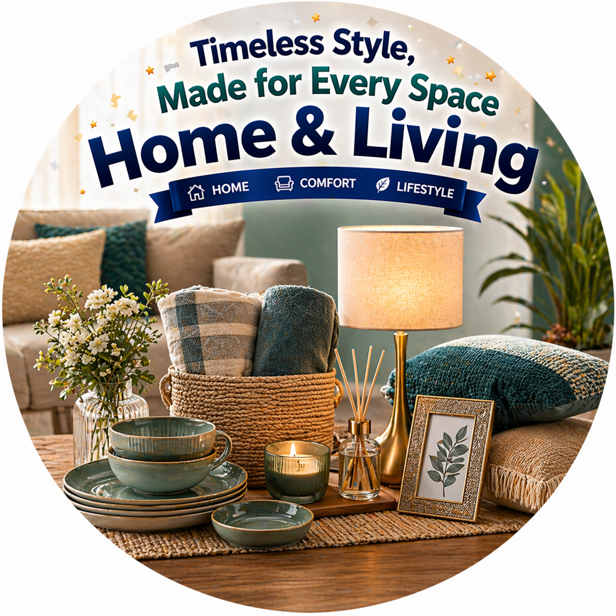 "Home & Living collection featuring table lamp, woven basket with folded blankets, teal ceramic dinnerware, reed diffuser, lit candle, framed art, and cozy pillows arranged on a wooden table."