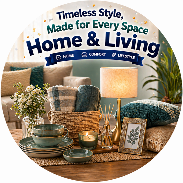 "Home & Living collection featuring table lamp, woven basket with folded blankets, teal ceramic dinnerware, reed diffuser, lit candle, framed art, and cozy pillows arranged on a wooden table."