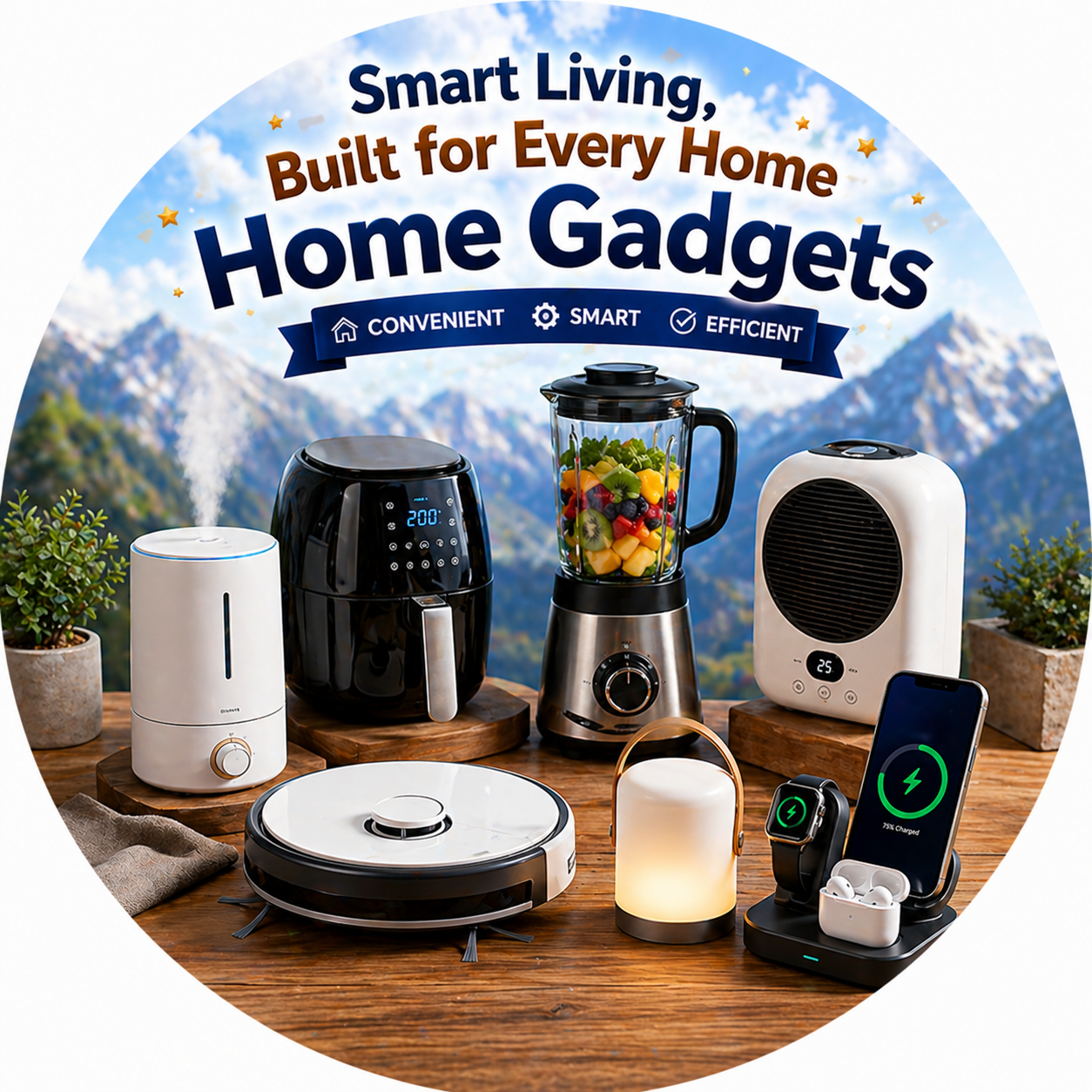 Home Gadgets collection banner featuring smart living essentials including air fryer, blender, humidifier, mini heater, robot vacuum, portable lamp, and wireless charging station with a modern blue background and elegant premium design.