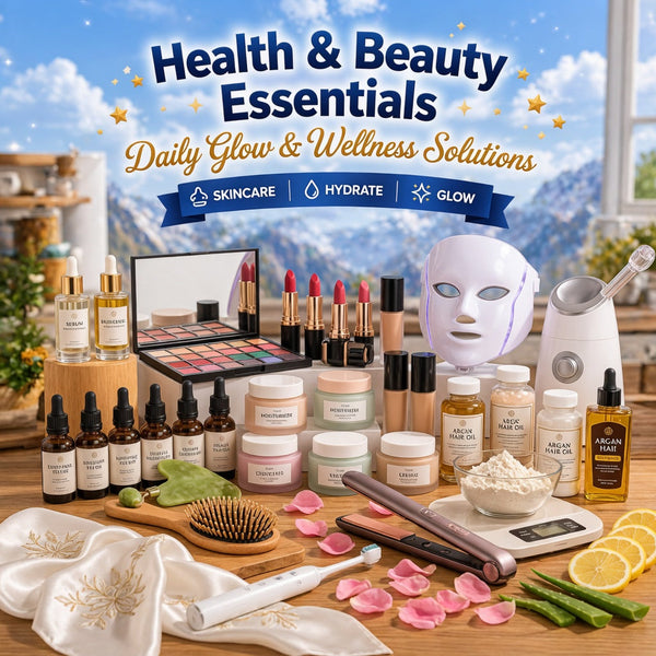 Promotional banner for "Health & Beauty Essentials" featuring skincare serums, makeup palettes, an LED face mask, hair oils, and a facial steamer on a wooden table. Includes natural accents like lemon and rose petals against a bright mountain window view.