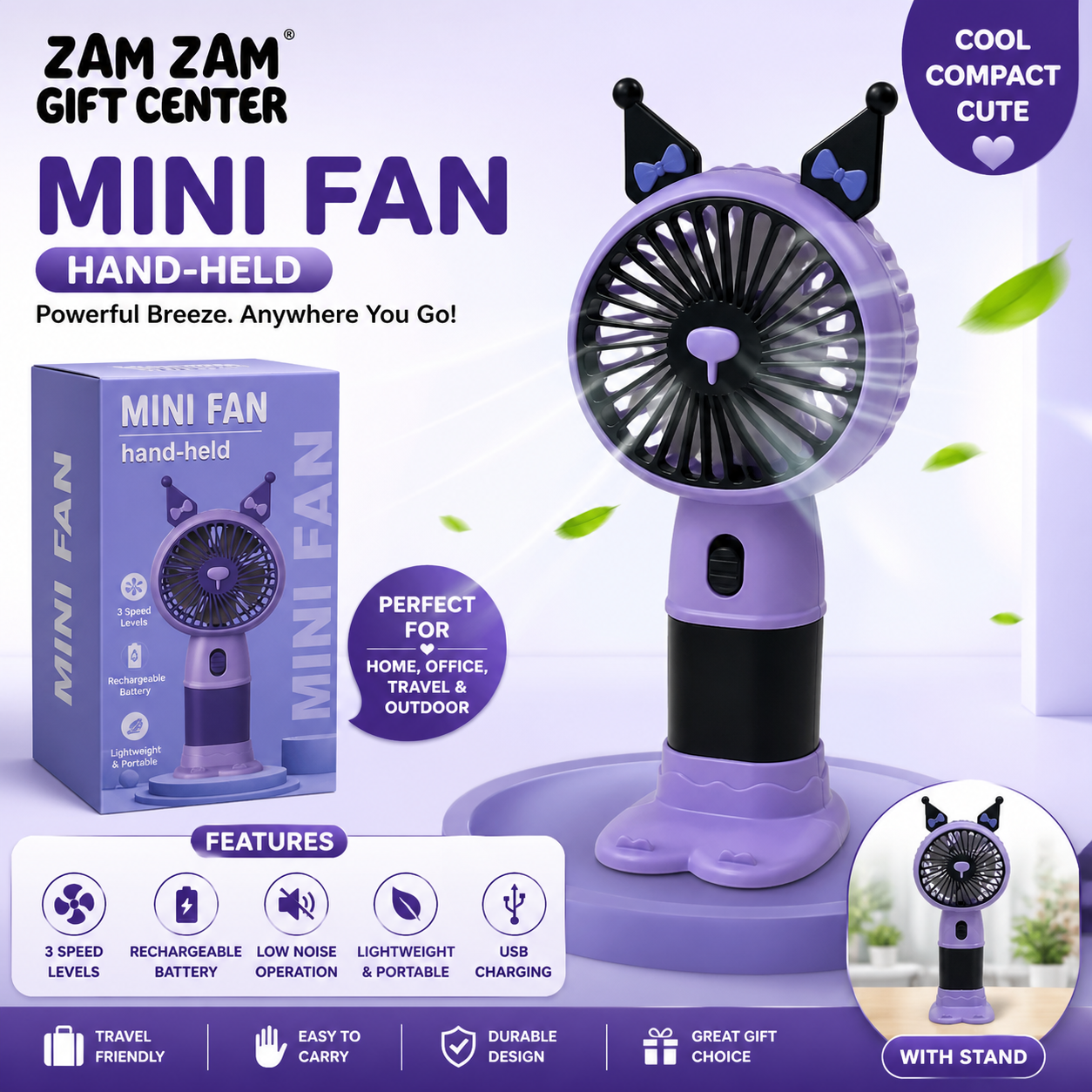Cute Portable Mini Handheld Fan – Rechargeable USB Cooling Fan with Stand | Zam Zam Gift Center