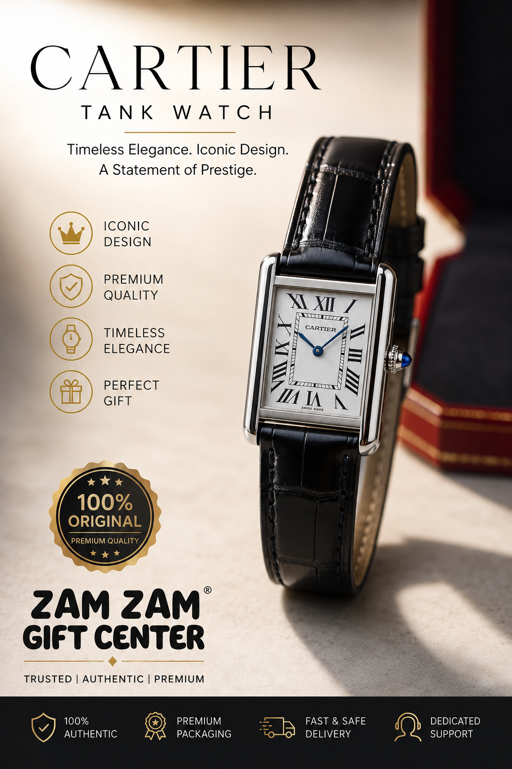 Cartier Tank Model Premium Leather Strap Luxury Watch for Men & Women
