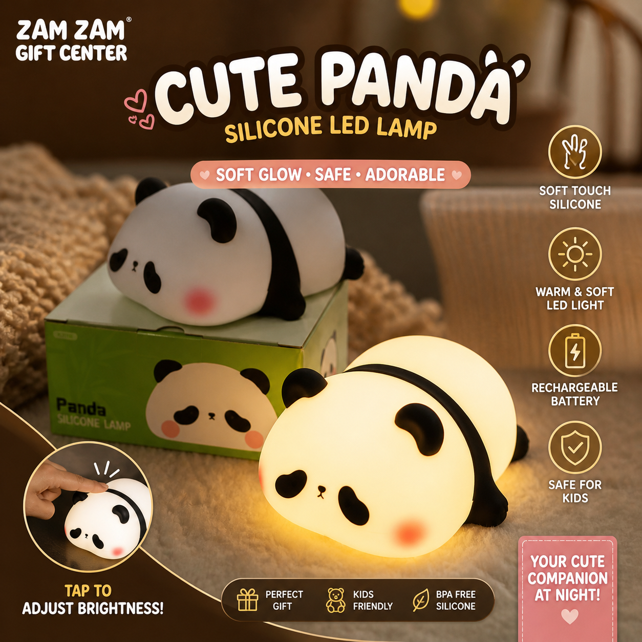 Cute Panda Silicone LED Night Lamp with soft touch rechargeable warm light, adorable panda shape bedside lamp for kids room, bedroom decoration, and gift use.